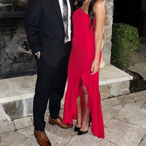 One shoulder red wedding guest gown